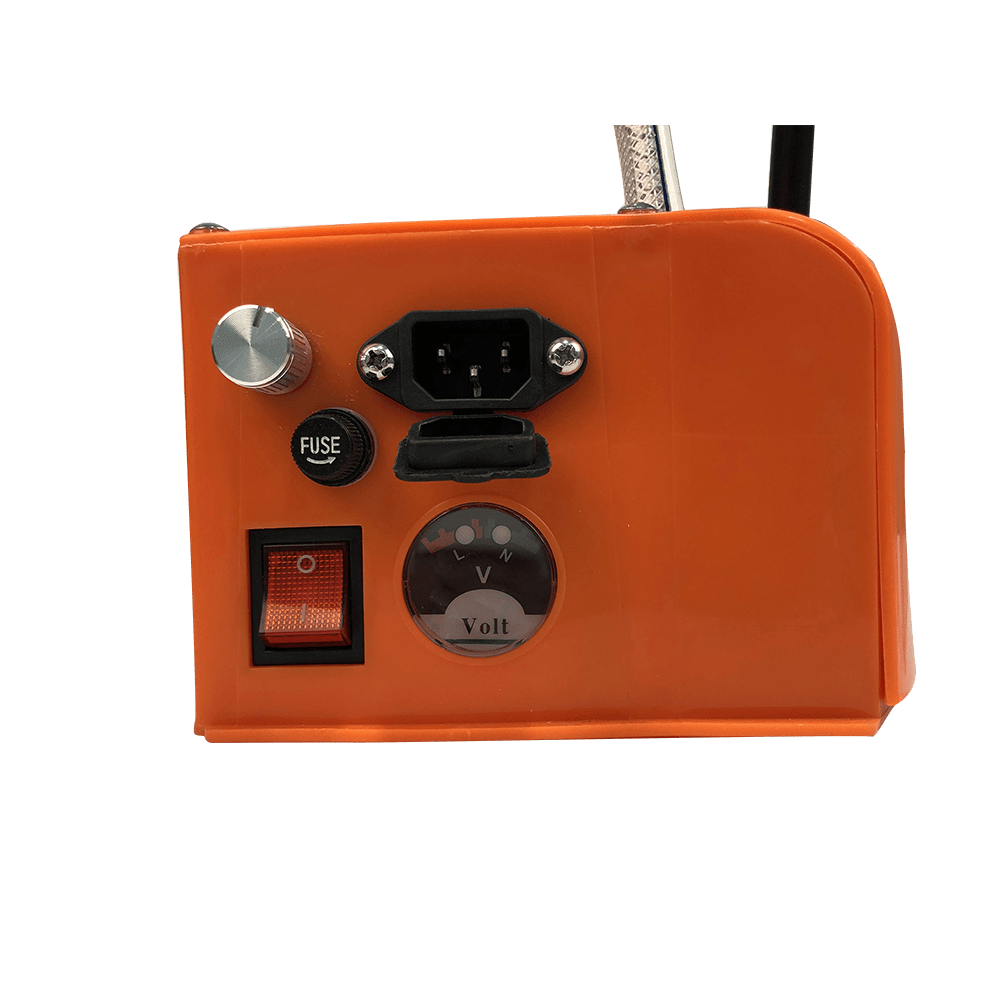 Orange power supply housing with volt meter