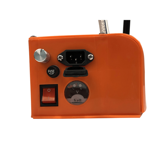 Orange power supply housing with volt meter