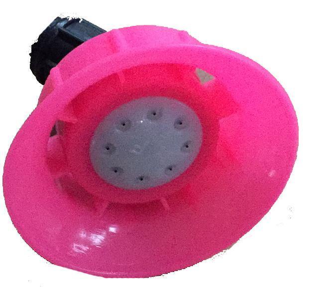 Pink shower nozzle that can go from a mist to a heavy shower flow by twisting the top of the nozzle