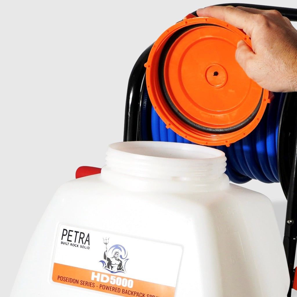PetraTools HD5000 Battery Sprayer With Reel Cart - 6.5 Gallon Wide Mouth Opening and Cap